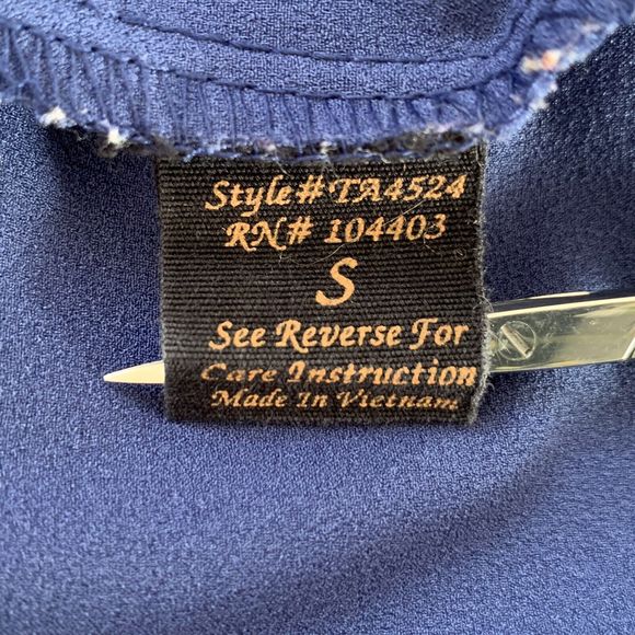 Mine Pullover Blouse Sz S Button Flyaway Back Blue Long Tab Roll Sleeves Career - Picture 11 of 12